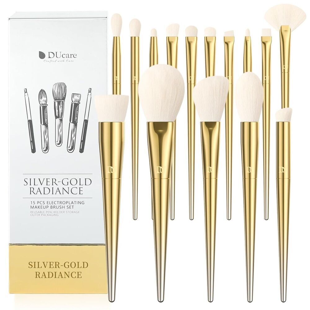 DUcare Christmas 15Pcs Gold-Silver Premium Synthetic Makeup Brushes With Holder